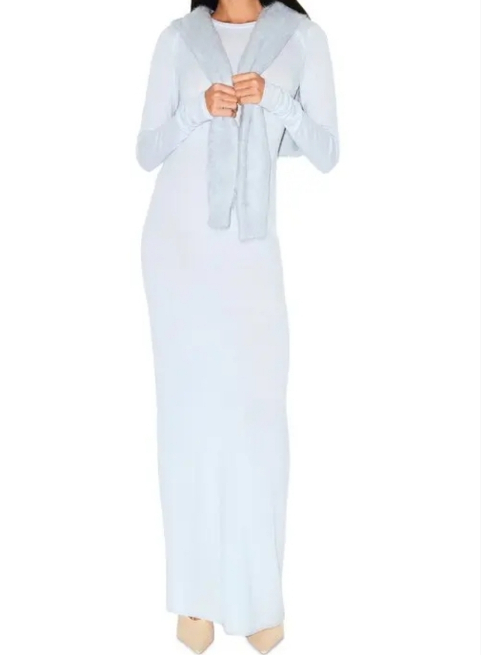 SKIMS Cashmere Sheer Long Sleeve Maxi Dress Pearl Women Small NEW